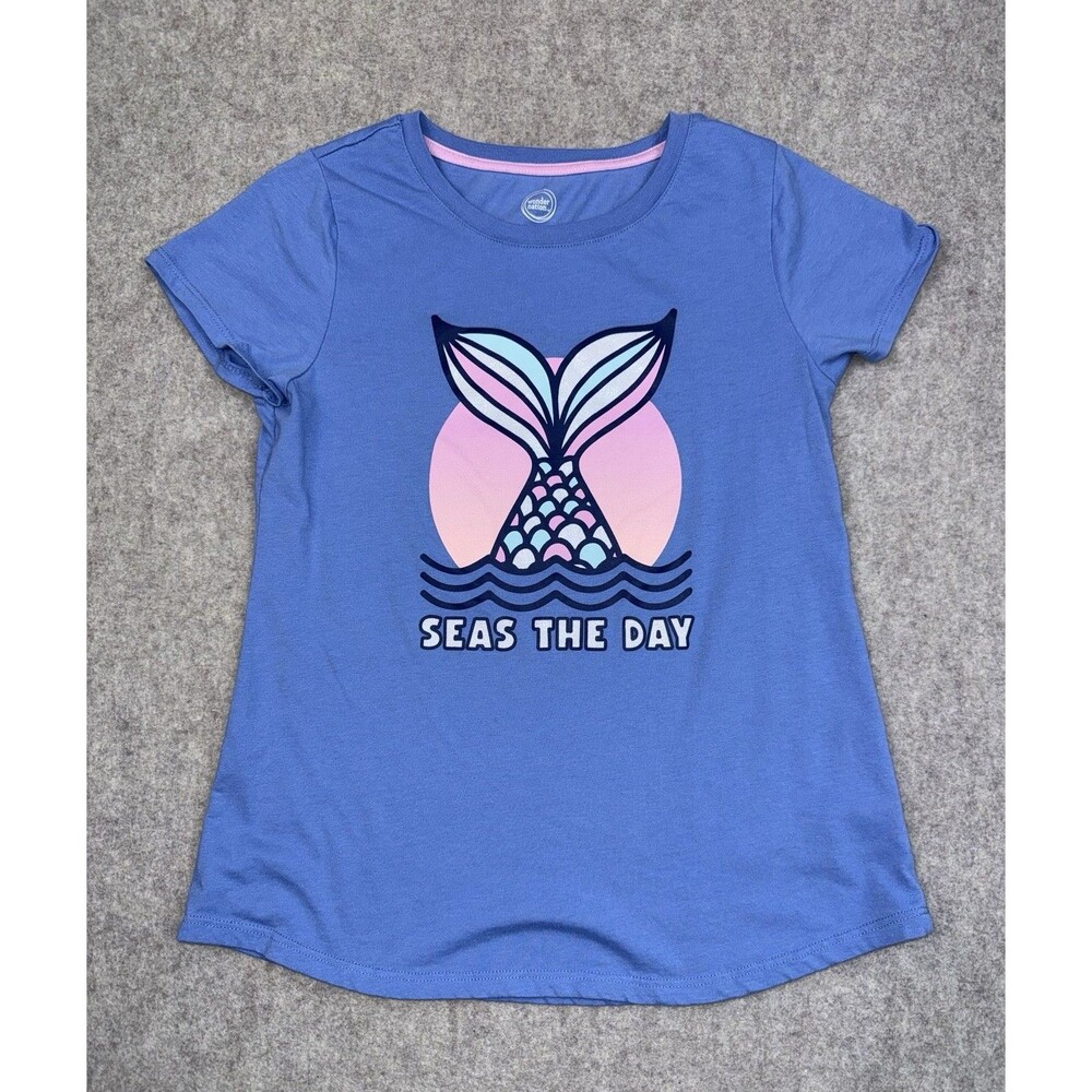 Wonder Nation Girls XL (14/16) Blue Graphic Mermaid Crew Neck Short Sleeve Tee